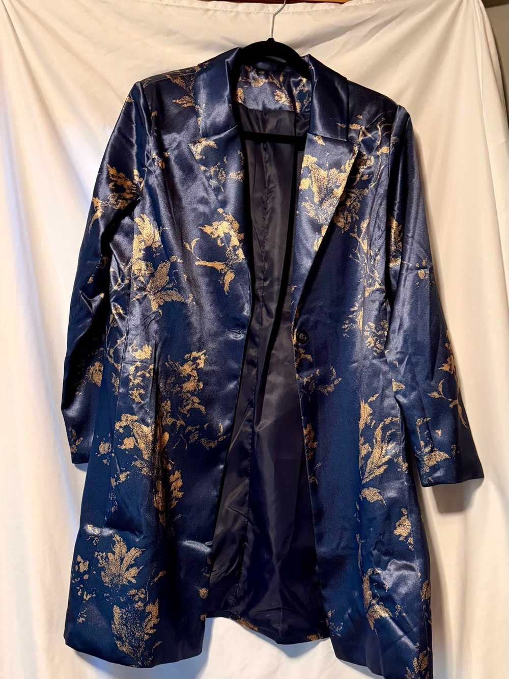 Women's Navy Metallic Floral Long Blazer Coat